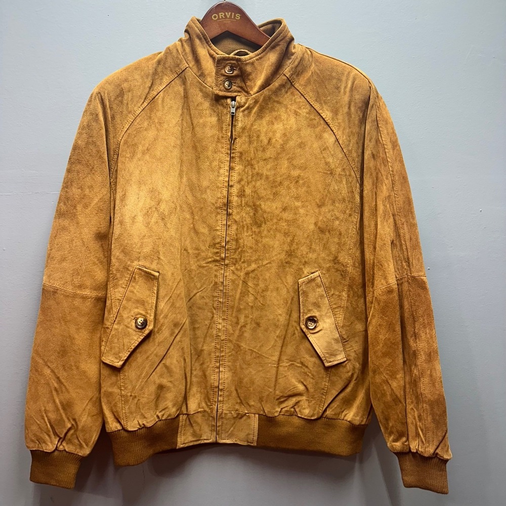 Orvis Suede Leather Bomber Jacket Men's Large Plaid Lined New Old Stock